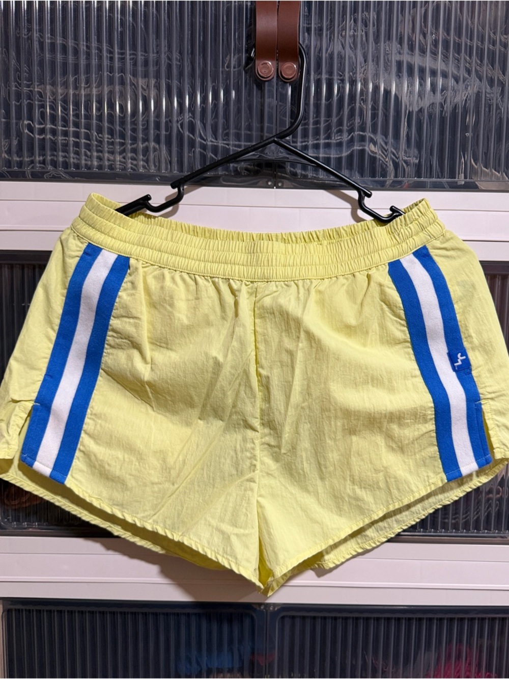 JoyLab Yellow Athletic Shorts with Blue & White Stripes